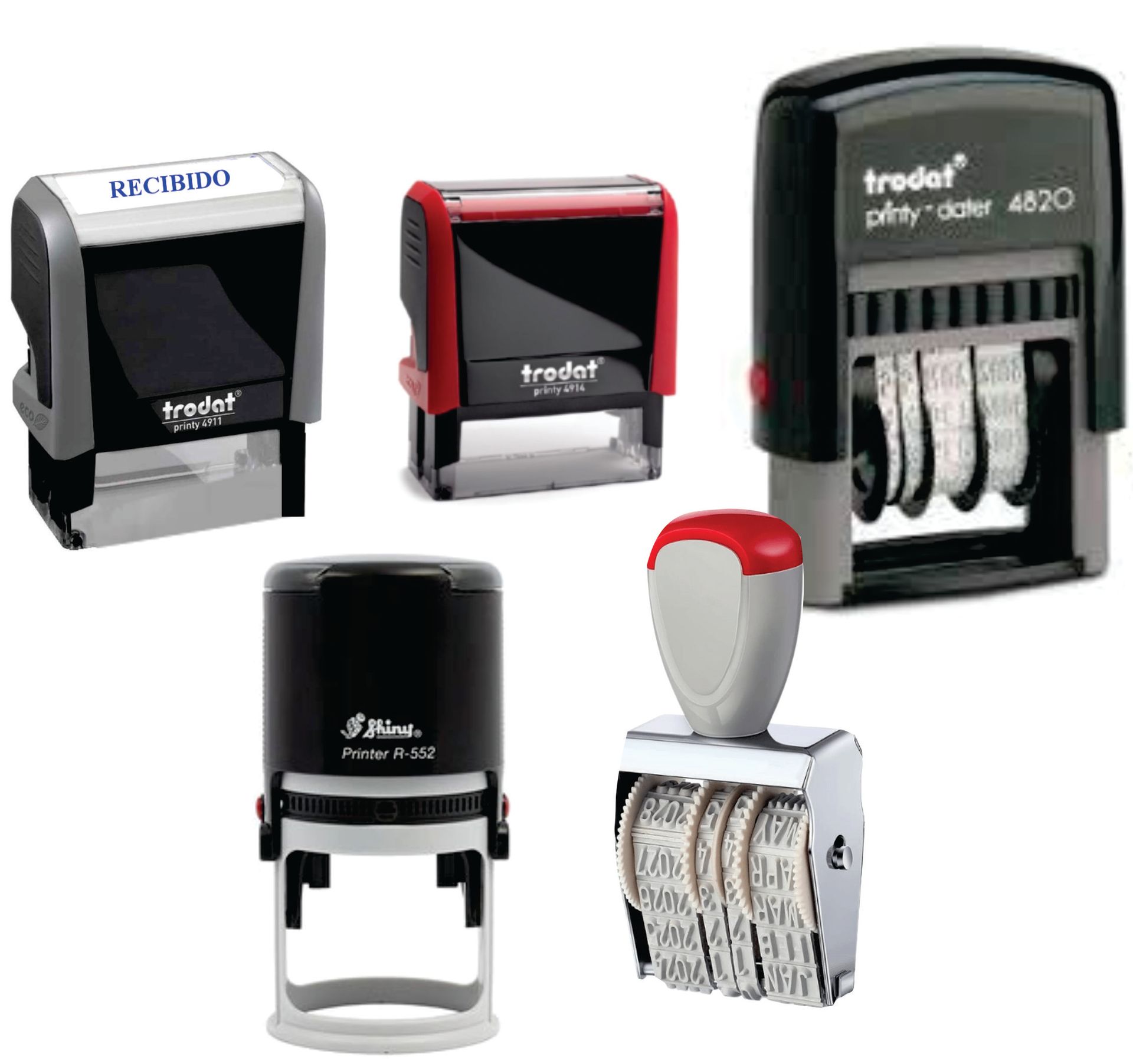 Hay muchos tipos diferentes de sellos sobre un fondo blanco.