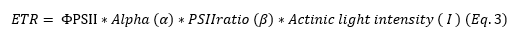 Forumula of the electron transport rate (ETR), using ΦPSII, alpha, PSII ratio, and light intensity