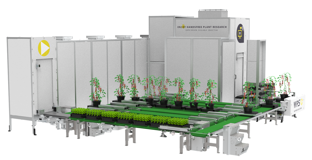 Hands-free automated plant phenotyping system with integrated photosynthesis camera and RGB top and side cameras for comprehensive plant phenotyping.