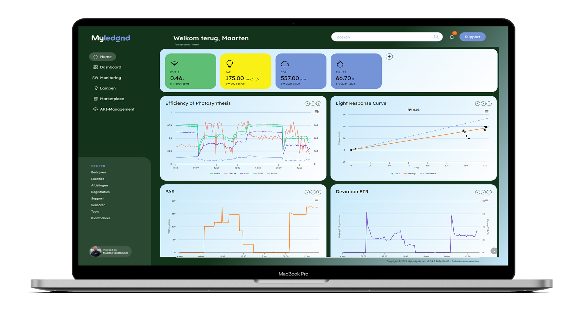 The MyLegnd interface shows an overview of all parameters measured in the greenhouse by different sensors to get a comprehensive overview of important greenhouse data.
