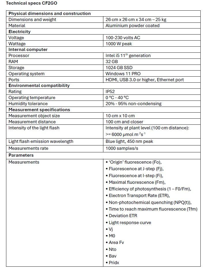 Technical specifications of the CF2GO, including the measurements of key parameters from chlorophyll fluorescence: Fo, Fj, Fi, Fm, Fv/Fm, Fq'/Fm', ETR, NPQ, Tfm, Vj, M0, Area Fv, Nto, Bav, Pridx