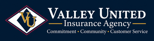 Valley United Insurance Agency logo with blue and gold diamond emblem and tagline “Committed • Community • Customer Service”