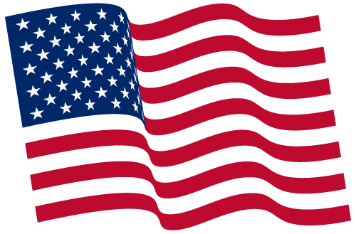 A waving American flag with white stars on a blue field and alternating red and white stripes.