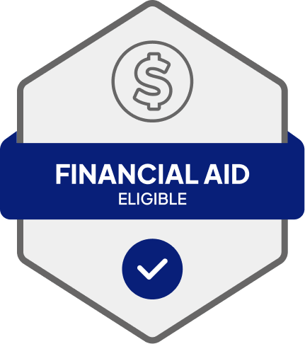 Badge: Financial Aid Eligible, blue banner, building icon, dollar sign.