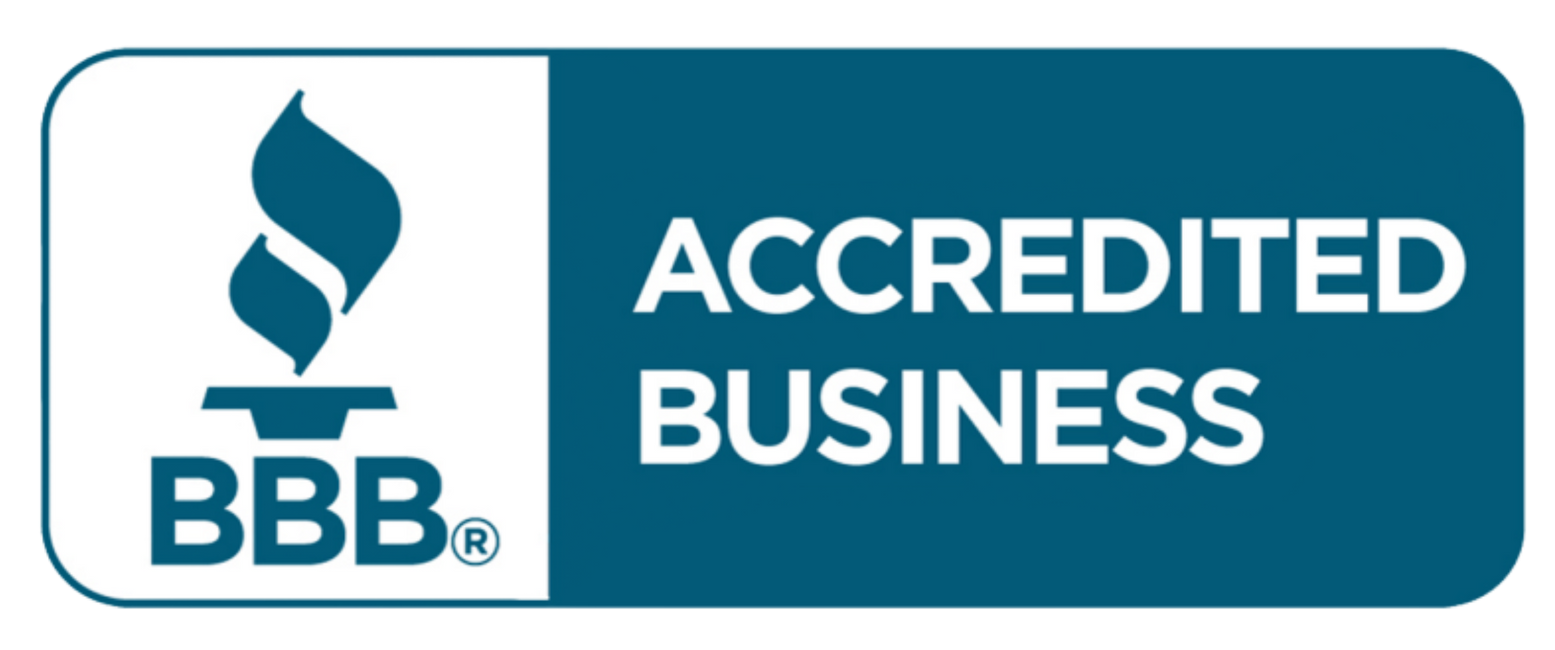 A blue and white accredited business logo with a flame on it.