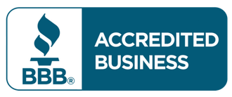 A blue and white accredited business logo with a flame on it.