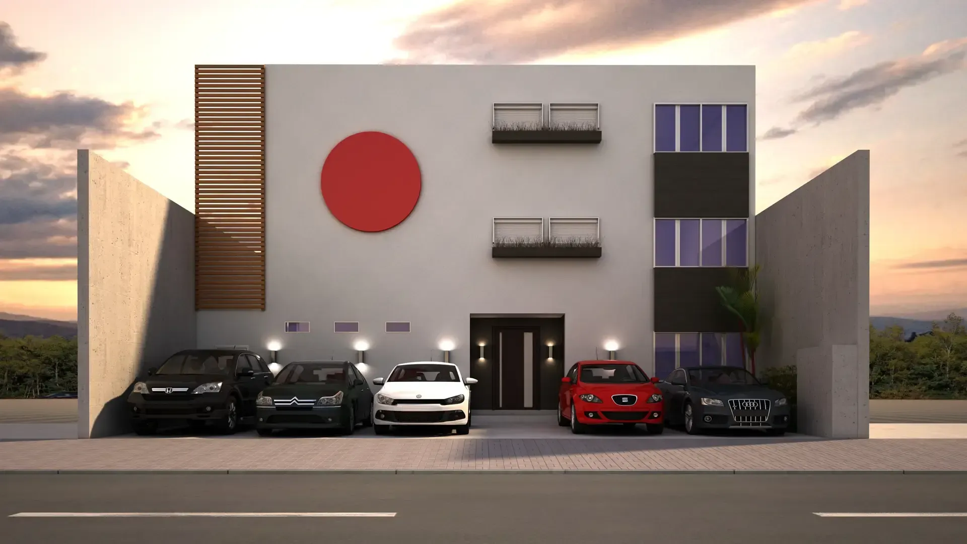 Um edifício moderno e minimalista com um círculo vermelho na fachada branca e cinco carros estacionados.