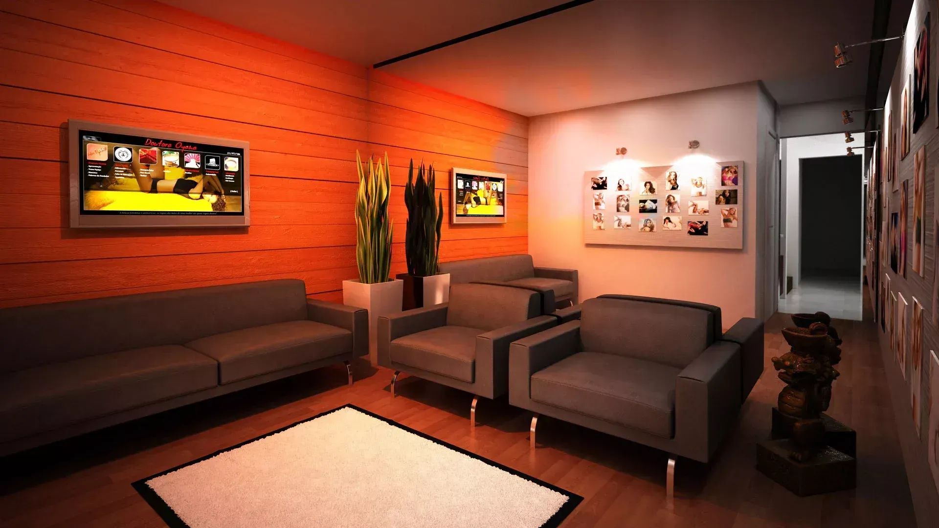 Uma área de espera moderna com paredes revestidas de madeira laranja, sofás e poltronas cinza, um tapete branco.