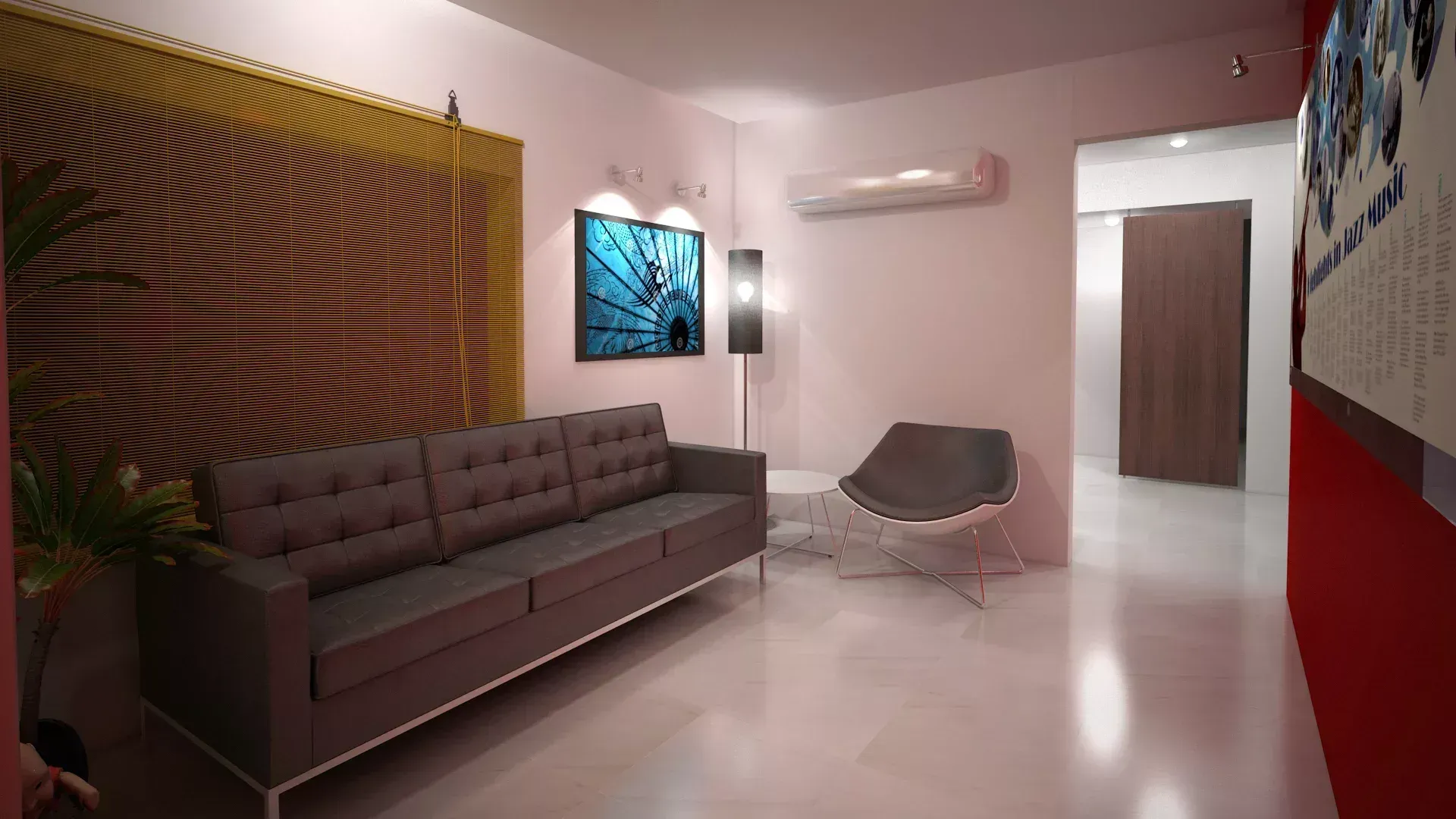 Uma sala de estar moderna com um sofá cinza capitonê, uma pequena poltrona, uma tapeçaria dourada texturizada e uma pintura.