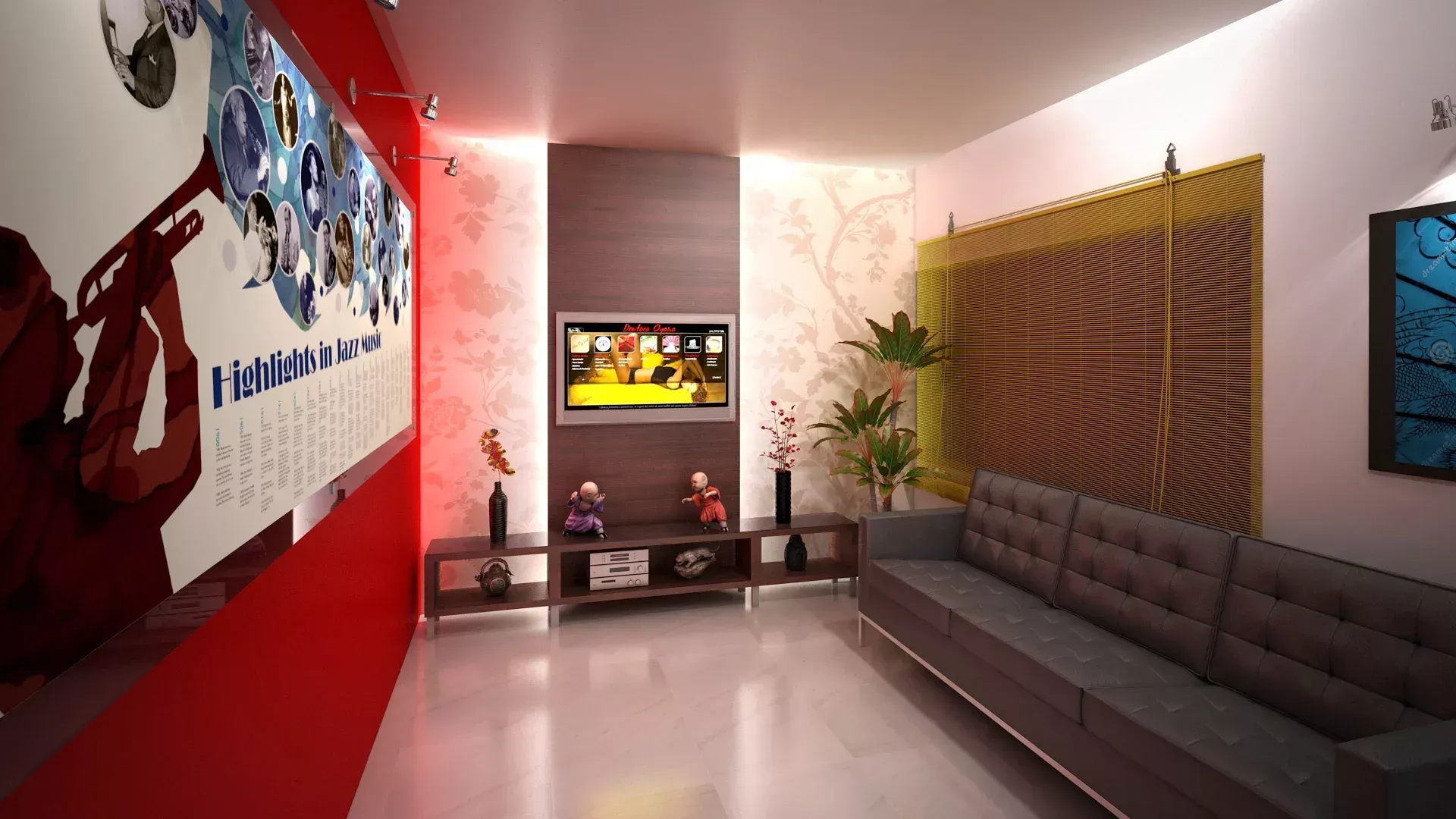 Uma sala de estar moderna com um sofá cinza, uma televisão fixada em um painel de madeira escura, uma parede vermelha.