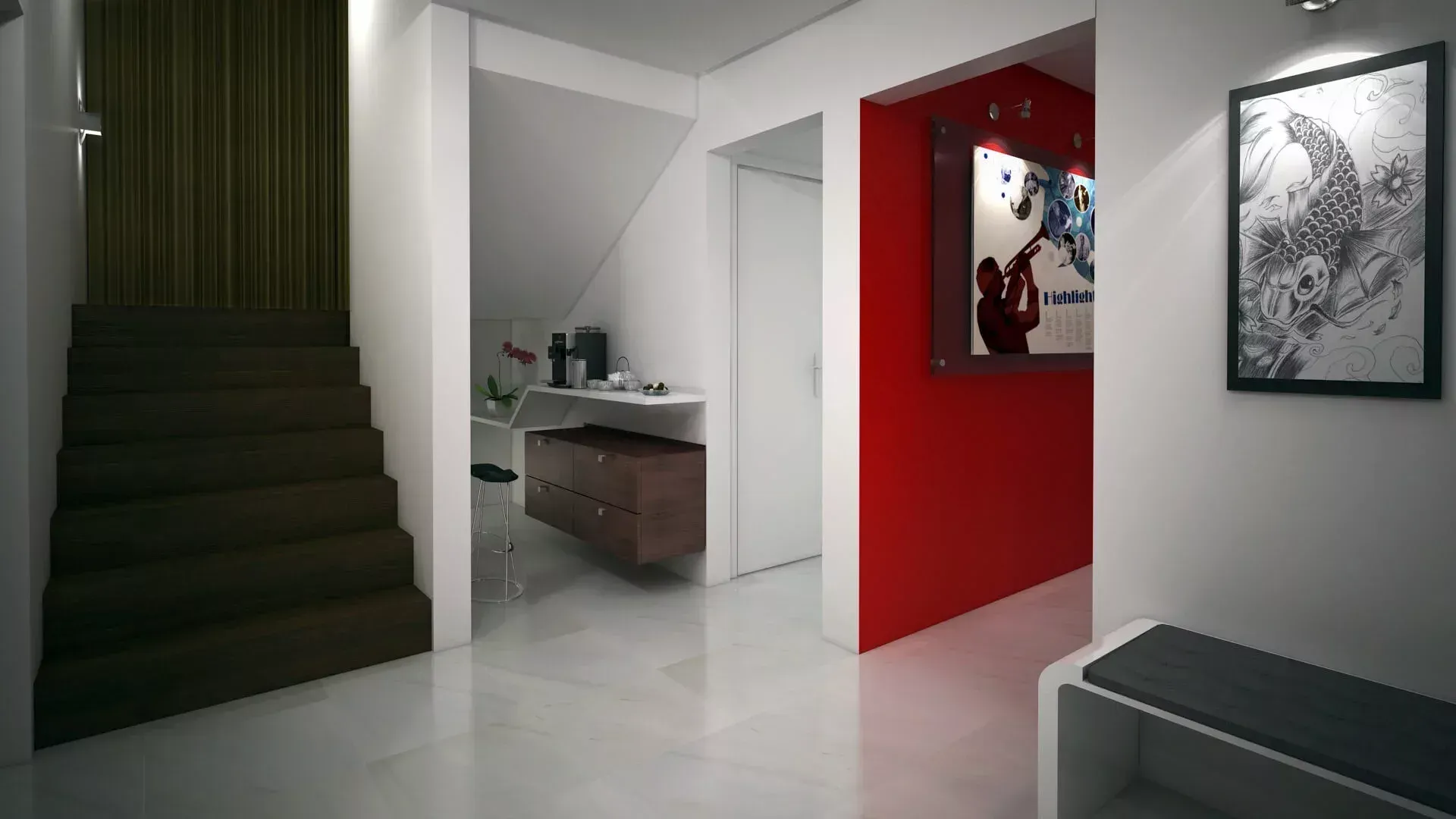 Um corredor moderno apresenta uma escada escura, um pequeno espaço de trabalho embaixo da escada, uma parede em vermelho.