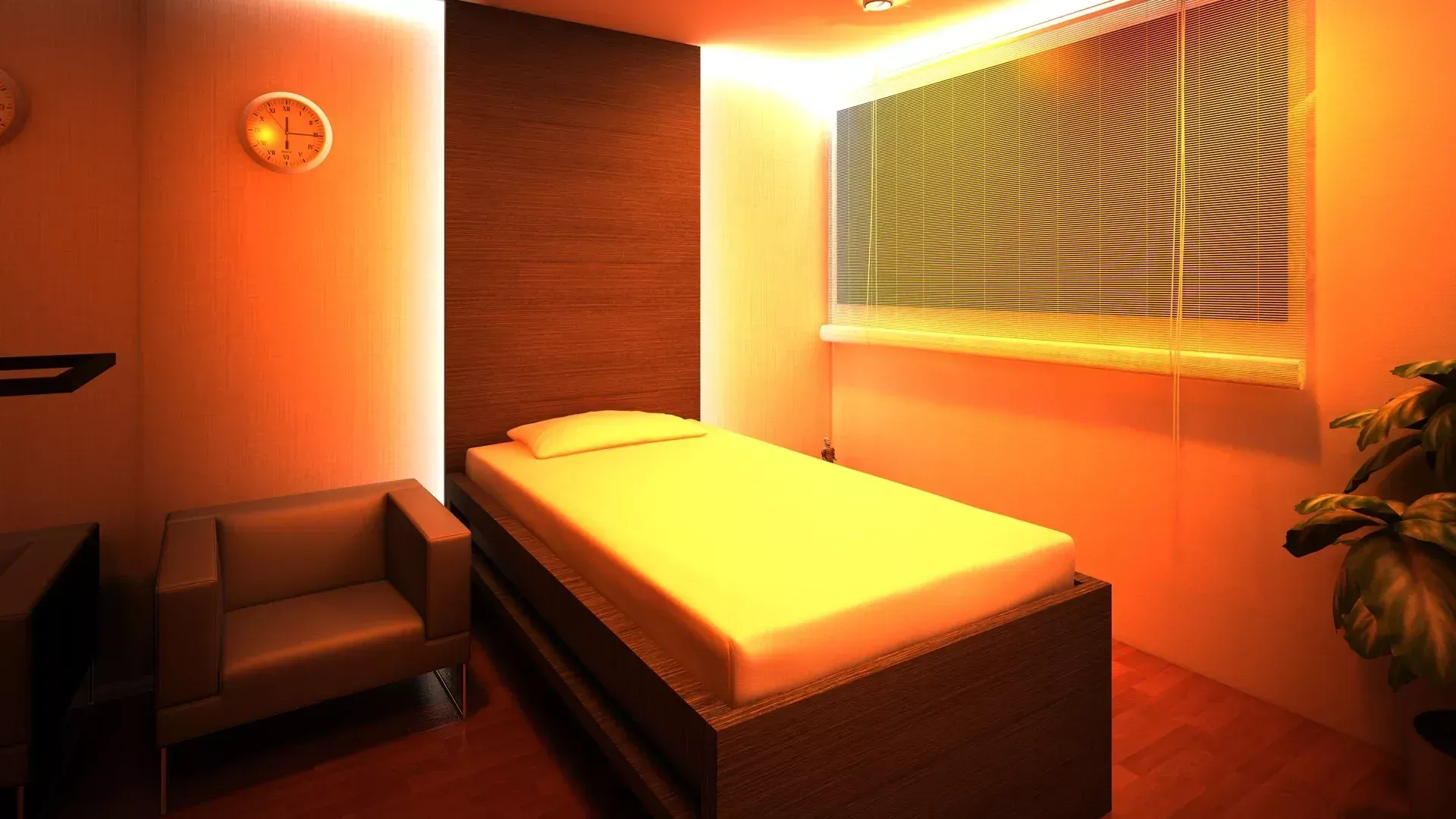 Um quarto moderno e com iluminação suave, com uma cama de solteiro, uma cadeira e uma grande janela coberta por persianas.