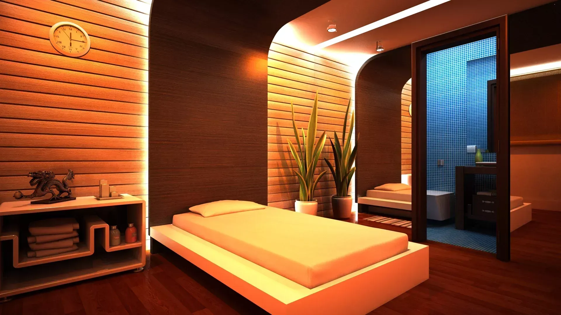 Uma sala de spa moderna e com iluminação suave, equipada com uma maca de massagem, paredes com ripas de madeira.