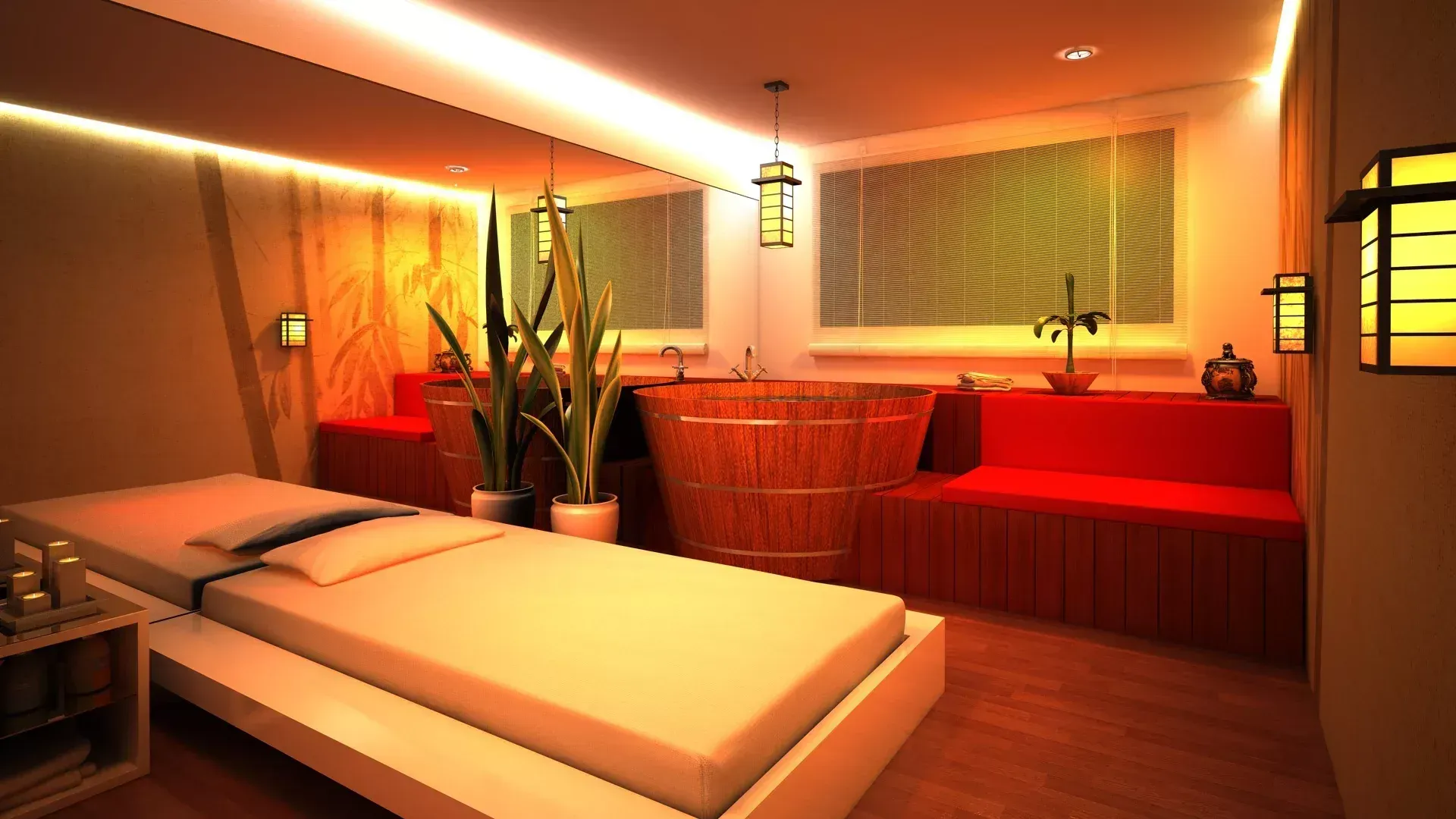 Uma sala de spa serena com mesa de massagem, banheira de imersão de madeira, iluminação ambiente aconchegante.