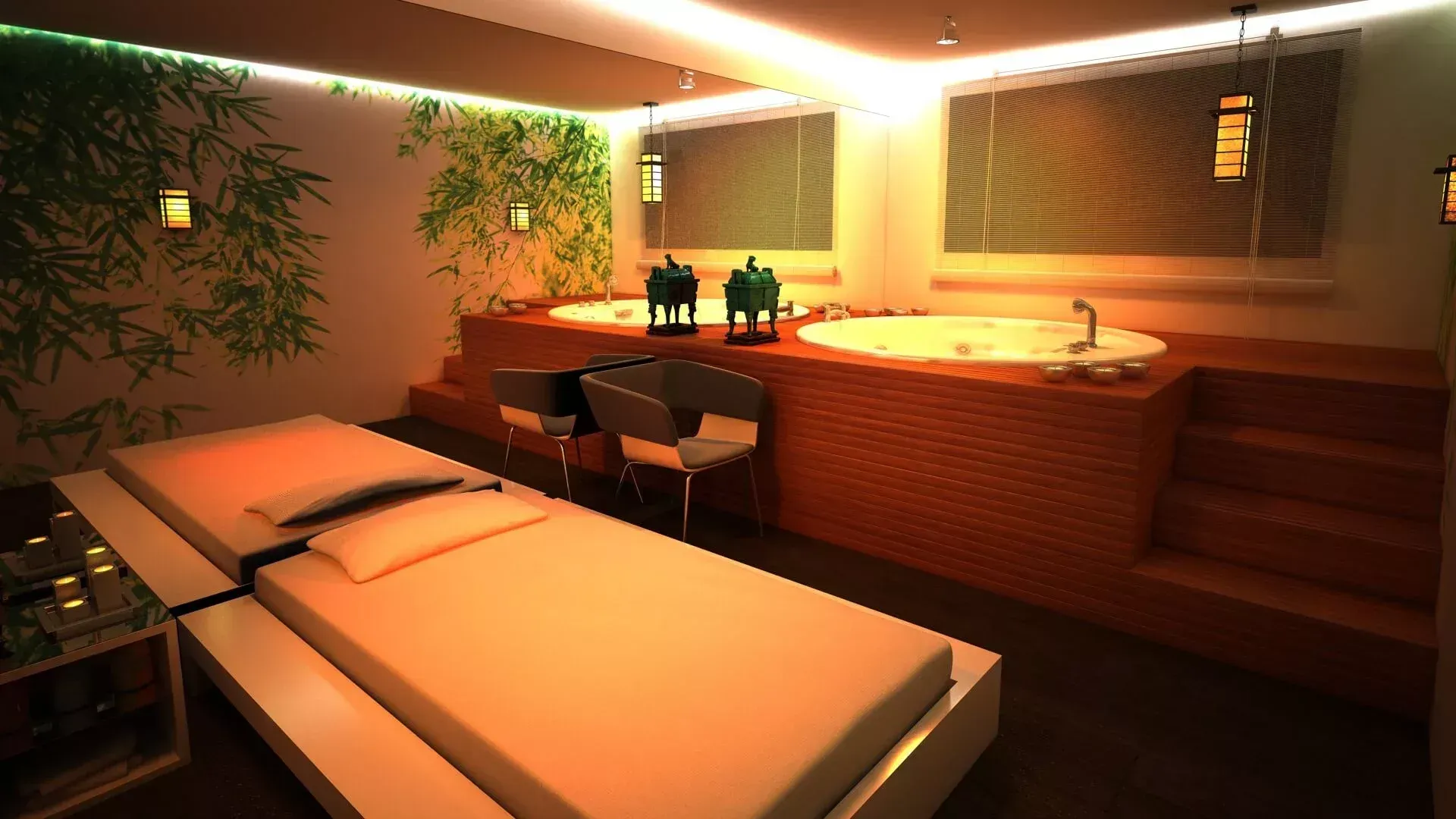 Uma sala de spa com duas camas de massagem em primeiro plano e uma plataforma elevada com duas banheiras redondas ao fundo.