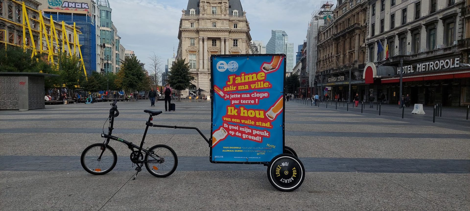 Vélo publicitaire mégots Bruxelles