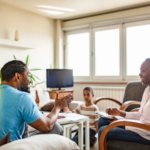 man and woman talking