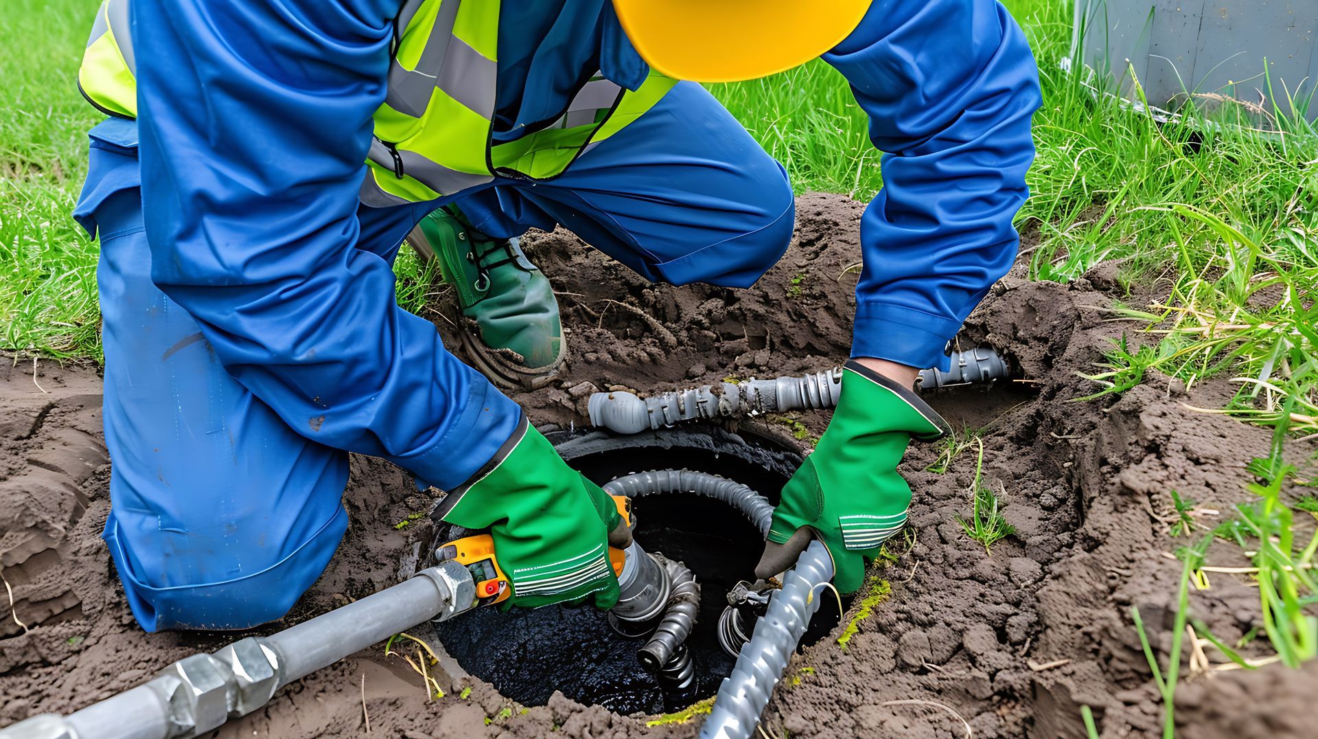 Worker in blue and yellow gear lowering a hose into an open manhole on grass.
