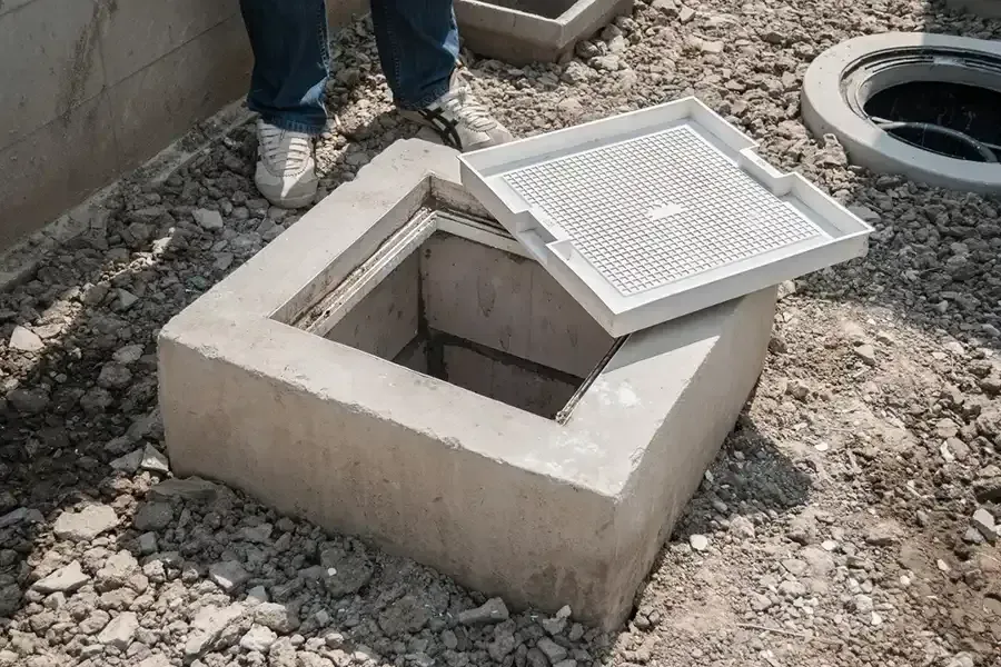 Concrete utility pit with open metal cover on a gravel construction site, beside a person’s legs