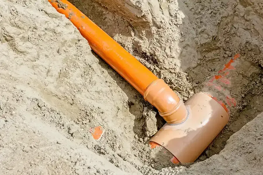 Orange PVC pipes joined in a dirt trench during underground utility installation