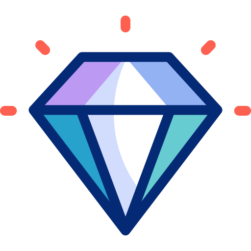 Eine bunte Raute mit roten Punkten drumherum auf weißem Hintergrund.