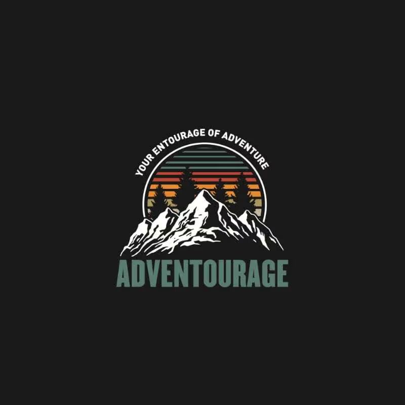 A logo for an adventure company with mountains and trees