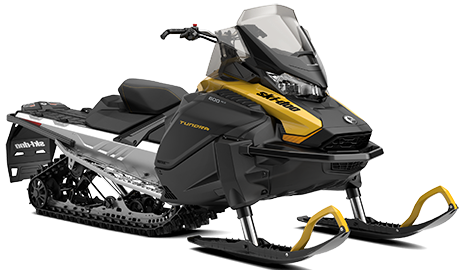 A black and yellow snowmobile on a white background.