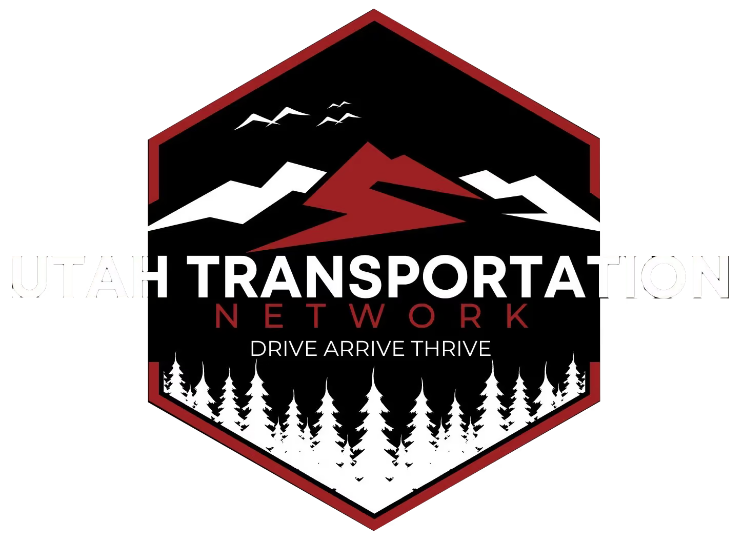 A logo for a transportation company with mountains and trees on it.