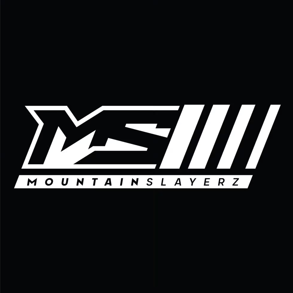 A black and white logo for mountain slayerz on a black background.