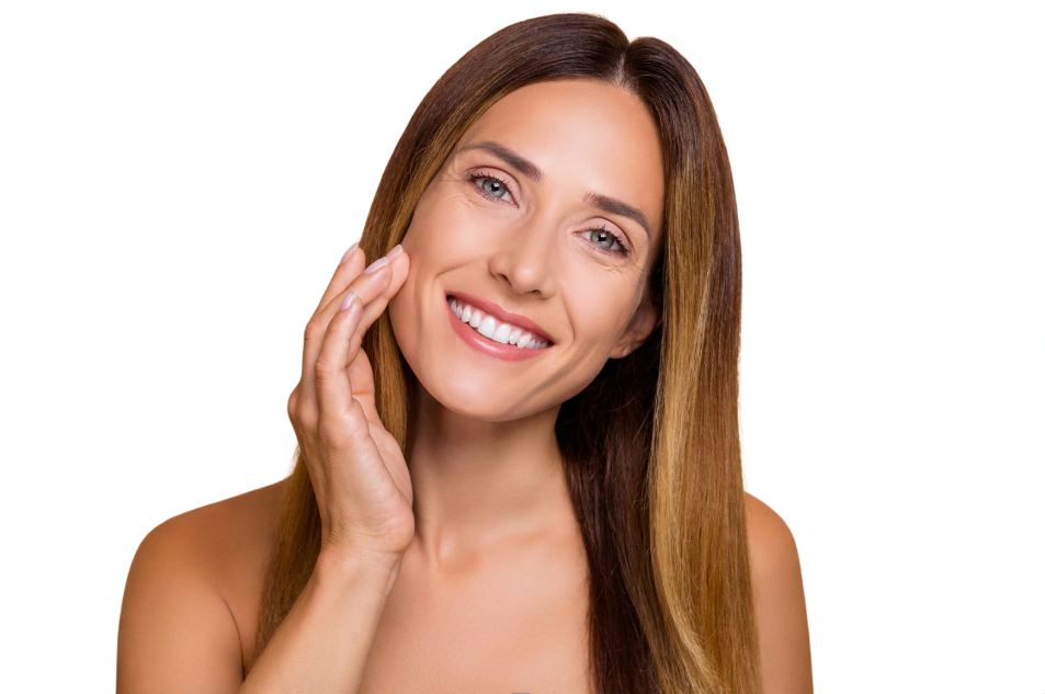 A woman is smiling and touching her face with her hand. — Townsville Anti Aging in Currajong, QLD