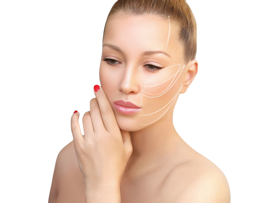 A woman with red nails is touching her face and has lines drawn on her face. — Townsville Anti Aging in Currajong, QLD