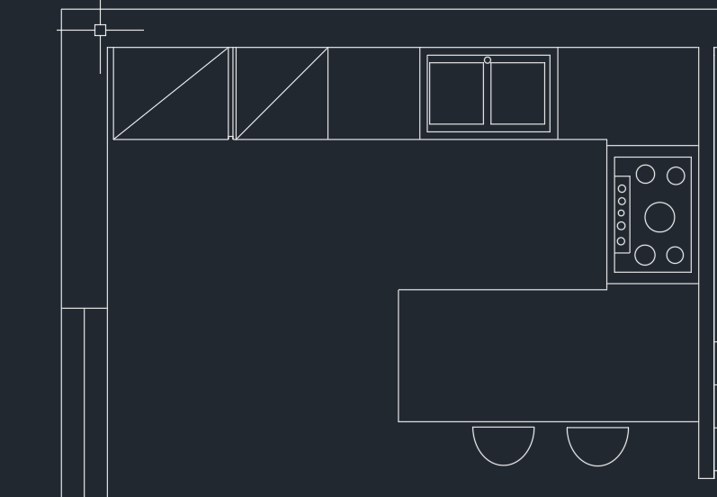 planimetria  in bianco e nero di una cucina con forno