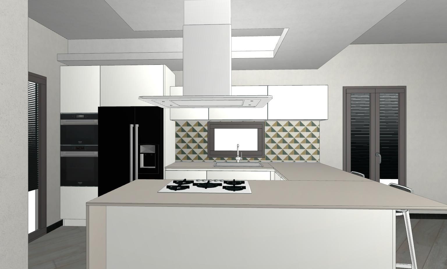 rendering 3d  di una cucina con mobili bianchi ed elettrodomestici neri