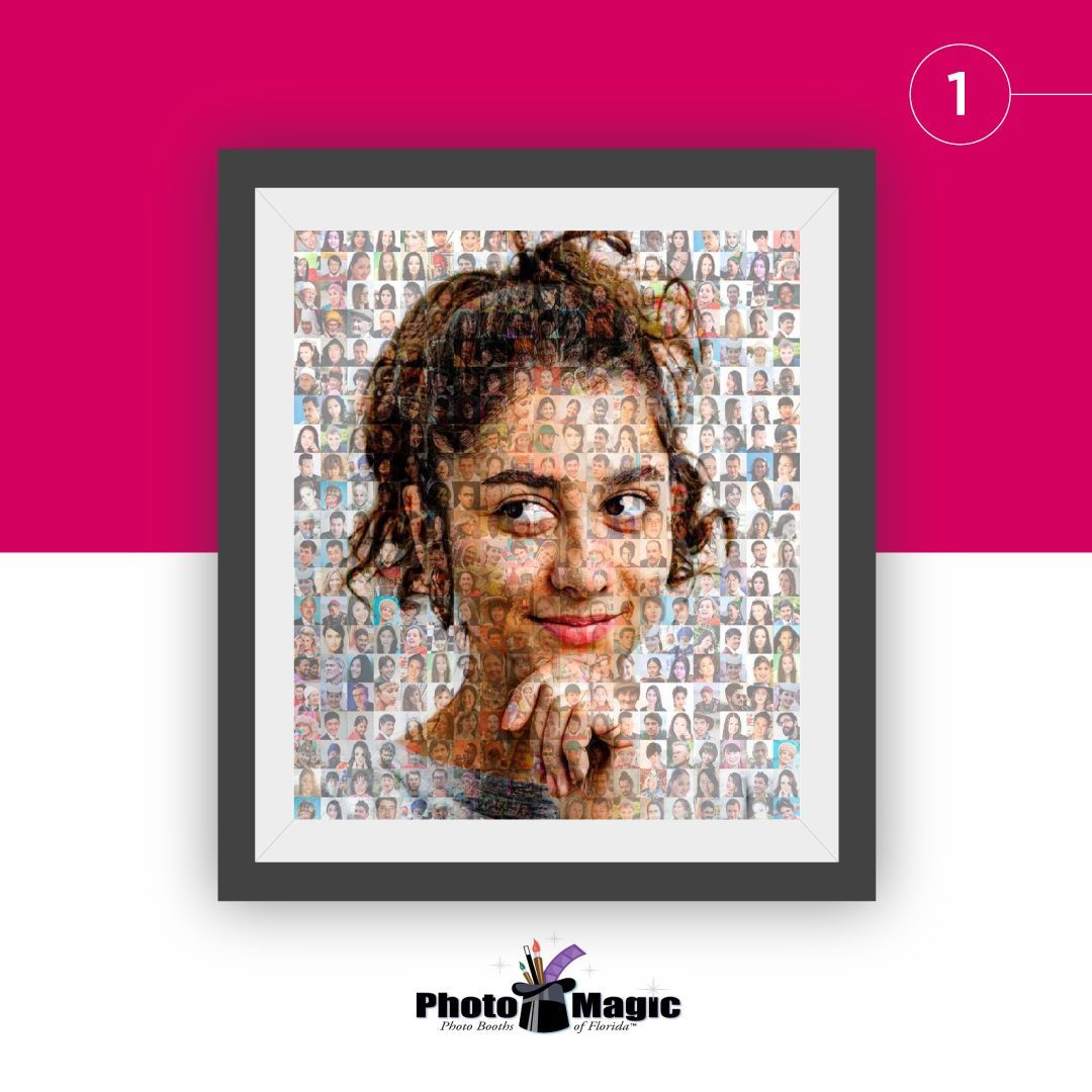 A mosaic portrait of a smiling young woman, framed, with a pink and white background.