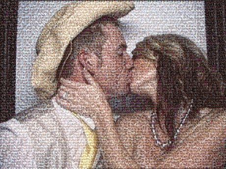 Couple kissing, portrait made of tiny text, man in hat, woman with necklace.
