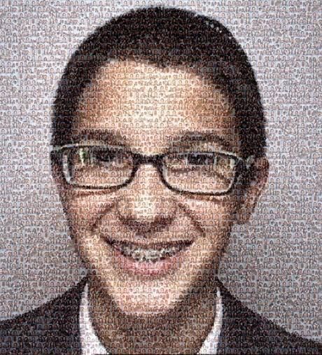 Young person with glasses and braces, smiling; mosaic effect made of text.