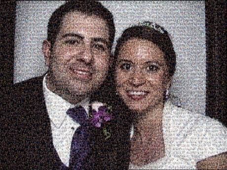Bride and groom smiling, appearing to be a wedding portrait. Man wears a purple tie. Woman has a tiara.