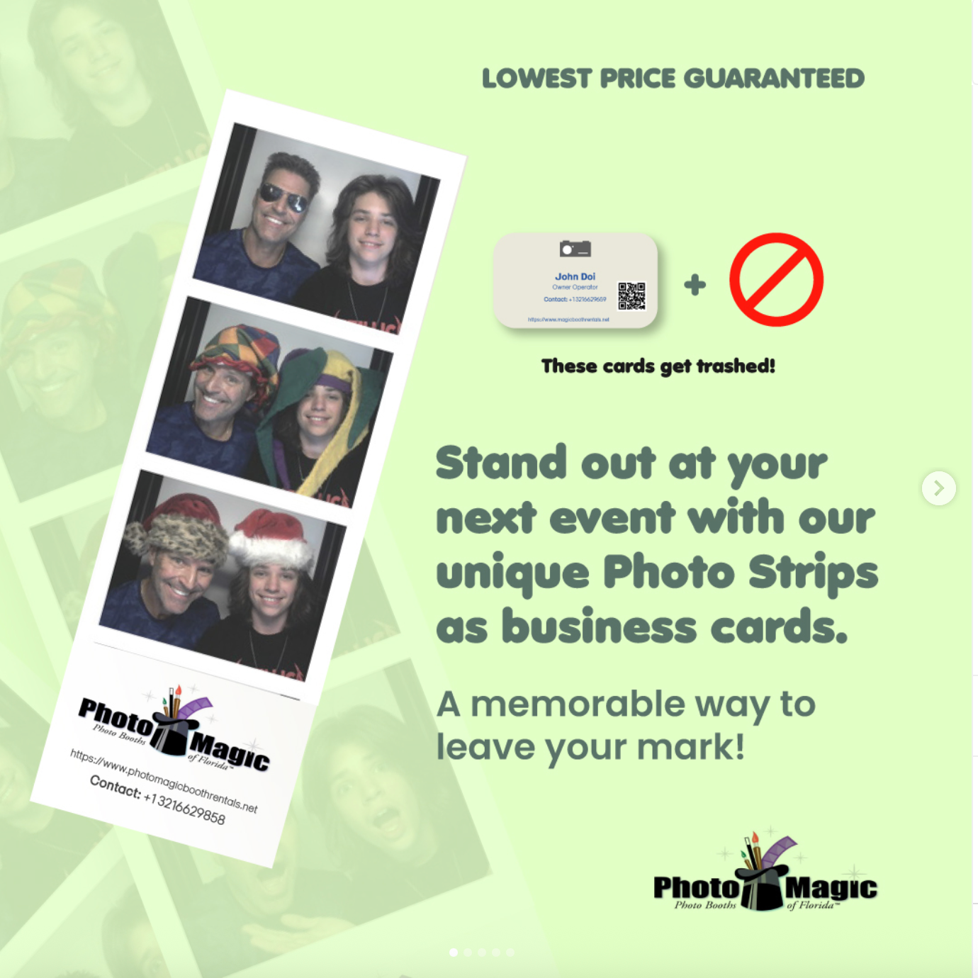 Advertisement: Photo strips as business cards. Green background, people smiling. A business card is crossed out.