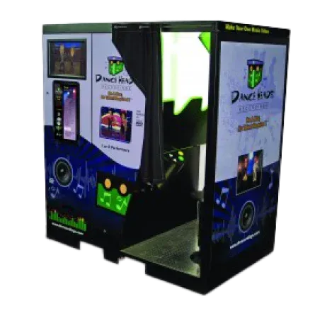 A "Dance Base" video booth for making music videos, black with blue and green accents, interior lit with green.