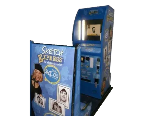 A blue "Sketch Express" photo booth offering portraits for $4.00. Features a person's sketch, and photo examples.