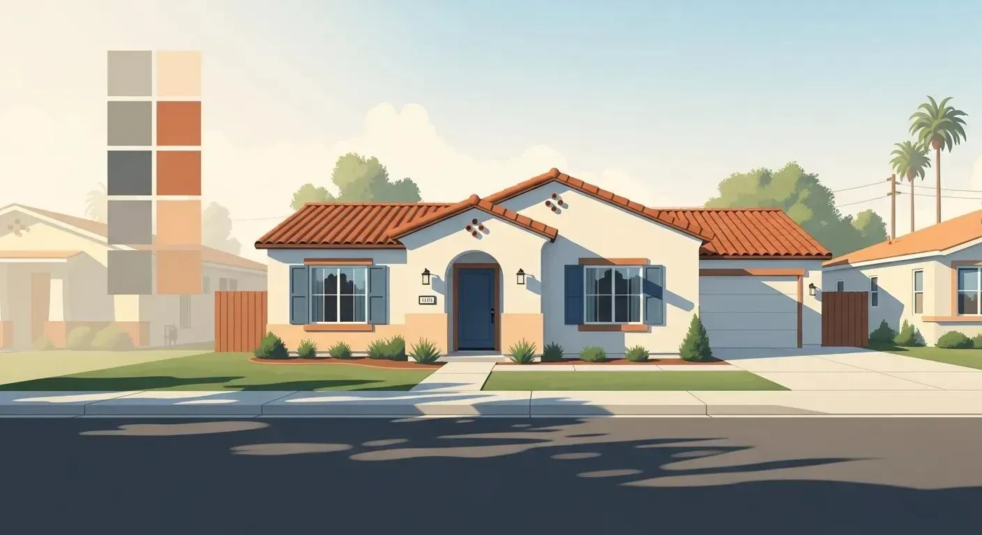 Spanish style house in Bakersfield with terra cotta roof, blue shutters, and color palette swatches.