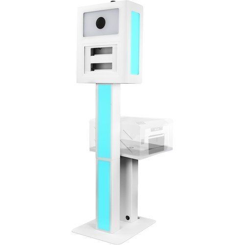 A white and blue photo booth on a white background.