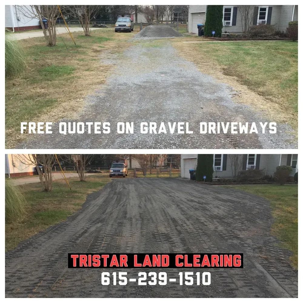 A before and after picture of a gravel driveway