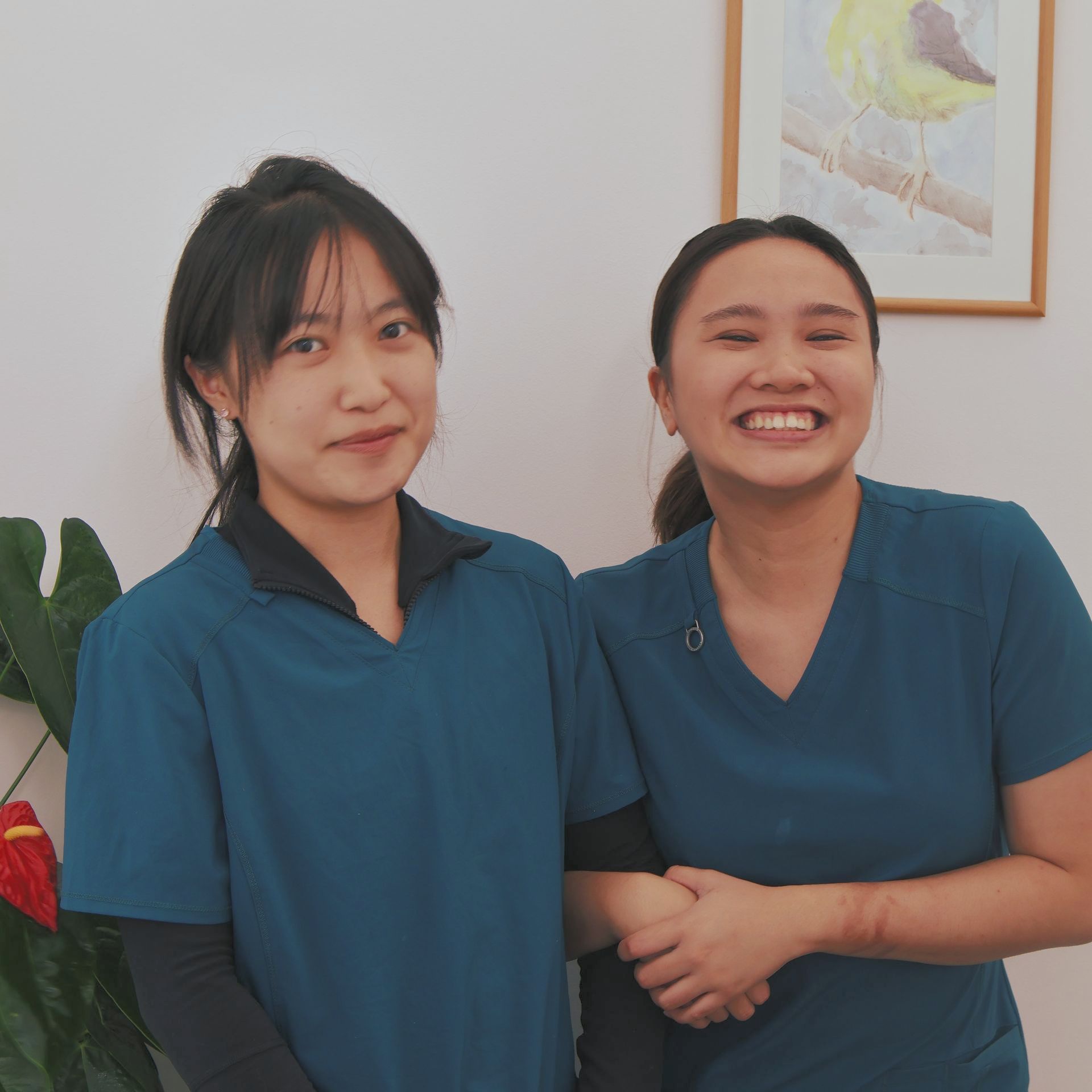 Two women in blue scrubs are shaking hands and smiling