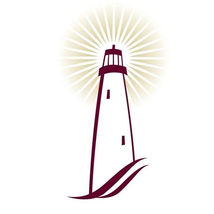Logo of lighthouse with radiating light, burgundy and cream colors. 
