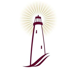 Logo of lighthouse with radiating light, burgundy and cream colors. 