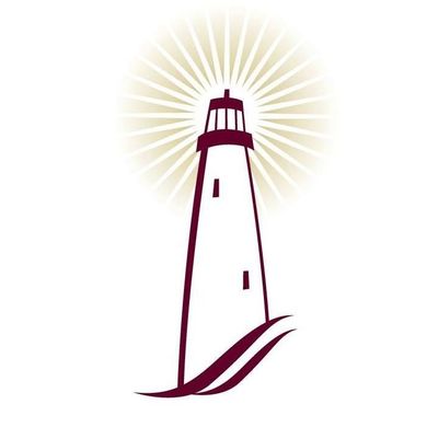 Lighthouse with radiating light, burgundy and cream colors.