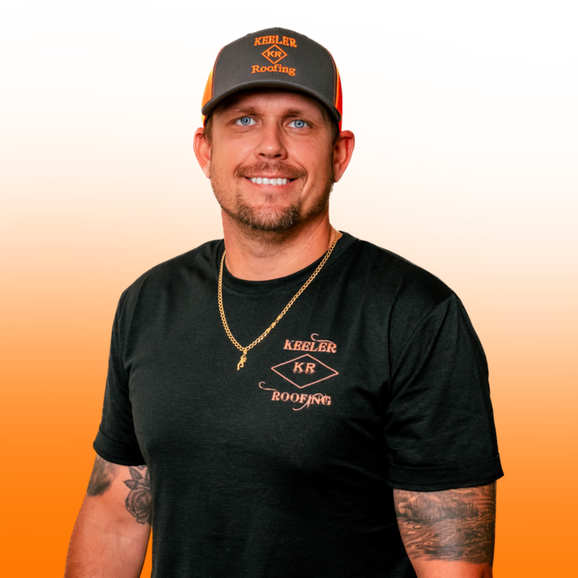 A man wearing a hat and a black shirt that says keller roofing