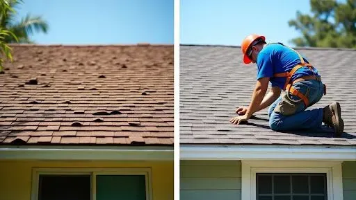 Before and after roof replacement in Florida showing damaged shingles on the left and a professional roofing contractor installing new shingles on the right.