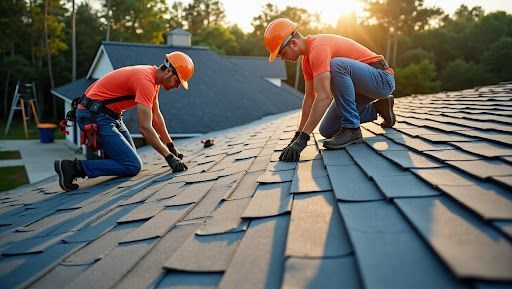 Roofing contractors installing asphalt shingles during a roof replacement project in Florida.